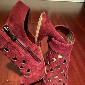 Burgundy suede cage sandals